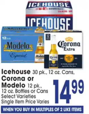 Jewel-Osco Icehouse 30 pk., 12 oz. Cans, Corona or Modelo 12 pk., 12 oz. Bottles or Cans offer
