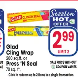 Jewel-Osco Glad Cling Wrap 200 sq. ft. or Press'N Seal 70 sq. ft offer