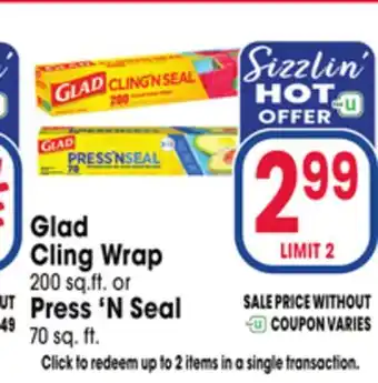 Jewel-Osco Glad Cling Wrap 200 sq. ft. or Press'N Seal 70 sq. ft offer