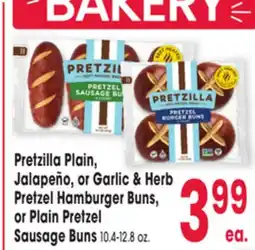 Jewel-Osco Pretzilla Plain, Jalapeño, or Garlic & Herb Pretzel Hamburger Buns, or Plain Pretzel Sausage Buns offer