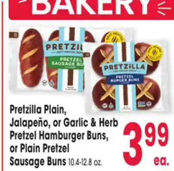 Jewel-Osco Pretzilla Plain, Jalapeño, or Garlic & Herb Pretzel Hamburger Buns, or Plain Pretzel Sausage Buns offer