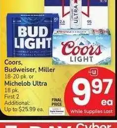 Albertsons Coors, Budweiser, Miller 18-20 pk. or Michelob Ultra 18 pk offer