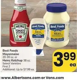Albertsons Best Foods Mayonnaise 20-30 oz. or Heinz Ketchup 38 oz. - Select Varieties offer