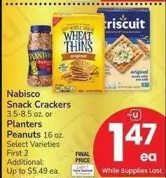 Albertsons Nabisco Snack Crackers 3.5-8.5 oz. or Planters Peanuts 16 oz. - Select Varieties offer