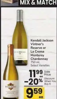Albertsons Kendall Jackson Vintner's Reserve or La Crema Monterey Chardonnay - 750 ml. Select Varieties offer