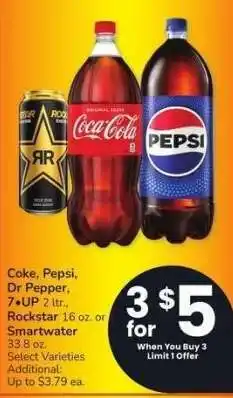Albertsons Coke, Pepsi, Dr Pepper, 7 • UP 2 ltr., Rockstar 16 oz. or Smartwater 33.8 oz. - Select Varieties offer