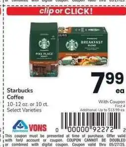 Albertsons Starbucks Coffee - 10-12 oz. or 10 ct. Select Varieties offer