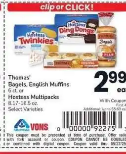 Albertsons Thomas' Bagels, English Muffins 6 ct. or Hostess Multipacks 8.17-16.5 oz. - Select Varieties offer