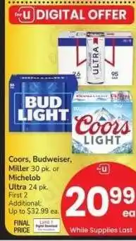 Albertsons Coors, Budweiser, Miller 30 pk. or Michelob Ultra 24 pk offer