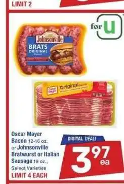 Albertsons Oscar Mayer Bacon 12-16 oz. or Johnsonville Bratwurst or Italian Sausage 19 oz. - Select Varieties offer