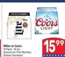 Albertsons Miller or Coors - 9 Pack, 16 oz. Aluminum Pint Bottles, Select Varieties offer