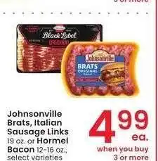 Albertsons Johnsonville Brats, Italian Sausage Links 19 oz. or Hormel Bacon 12-16 oz. - select varieties offer