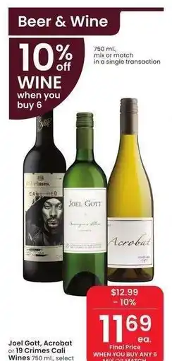 Albertsons Joel Gott, Acrobat or 19 Crimes Cali Wines - 750 ml., select varieties offer
