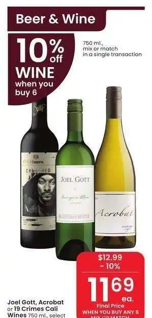 Albertsons Joel Gott, Acrobat or 19 Crimes Cali Wines - 750 ml., select varieties offer