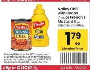 Albertsons Nalley Chili with Beans 14 oz. or French's Mustard 8 oz. - Selected varieties offer