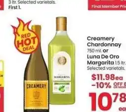 Albertsons Creamery Chardonnay 750 ml. or Luna De Oro Margarita 1.5 ltr. - Selected varietals offer