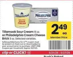 Albertsons Tillamook Sour Cream 16 oz. or Philadelphia Cream Cheese Brick 8 oz. - Selected varieties offer