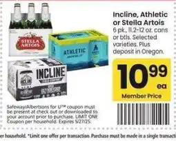 Albertsons Incline, Athletic or Stella Artois - 6 pk., 11.2-12 oz. cans or btls. Selected varieties offer