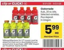 Albertsons Gatorade - 8 pk., 20 oz. btls. Selected varieties offer