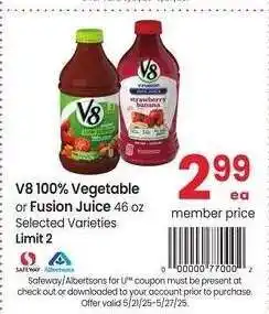 Albertsons V8 100% Vegetable or Fusion Juice - 46 oz Selected Varieties offer