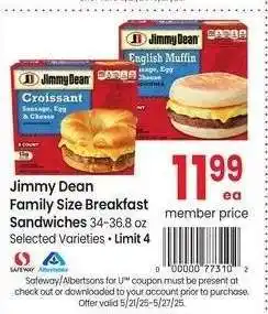 Albertsons Jimmy Dean Family Size Breakfast Sandwiches - 34-36.8 oz Selected Varieties offer