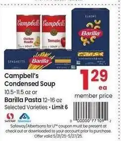 Albertsons Campbell's Condensed Soup 10.5-11.5 oz or Barilla Pasta 12-16 oz - Selected Varieties offer