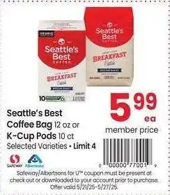 Albertsons Seattle's Best Coffee Bag 12 oz or K-Cup Pods 10 ct - Selected Varieties offer