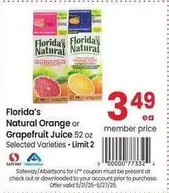 Albertsons Florida's Natural Orange or Grapefruit Juice - 52 oz Selected Varieties offer