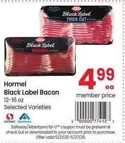 Albertsons Hormel Black Label Bacon - 12-16 oz Selected Varieties offer
