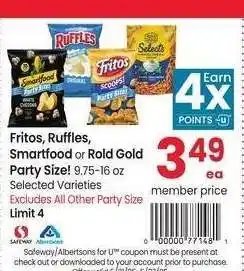 Albertsons Fritos, Ruffles, Smartfood or Rold Gold Party Size! - 9.75-16 oz Selected Varieties offer