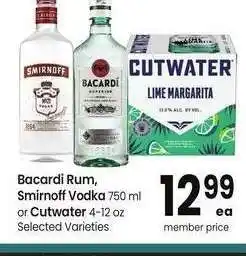 Albertsons Bacardi Rum, Smirnoff Vodka 750 ml or Cutwater 4-12 oz - Selected Varieties offer