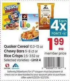 Albertsons Quaker Cereal 10.3-13 oz Chewy Bars 5-8 ct or Rice Crisps 2.5-3.52 oz - Selected Varieties offer
