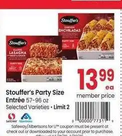 Albertsons Stouffer's Party Size Entree - 57-96 oz Selected Varieties offer