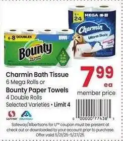 Albertsons Charmin Bath Tissue 6 mega rolls or Bounty Paper Towels* 4 double rolls. - Selected Varieties offer