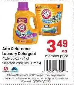 Albertsons Arm & Hammer Laundry Detergent - 45.5-50 oz • 24 ct Selected Varieties offer