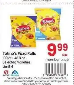 Albertsons Totino's Pizza Rolls - 100 ct • 48.8 oz Selected Varieties offer