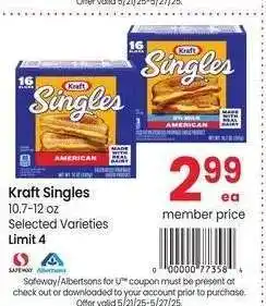 Albertsons Kraft Singles - 10.7-12 oz Selected Varieties offer
