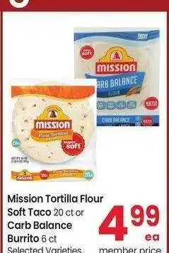 Albertsons Mission Tortilla Flour Soft Taco 20 ct or Carb Balance Burrito 6 ct - Selected Varieties offer