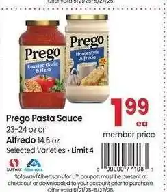 Albertsons Prego Pasta Sauce 23-24 oz or Alfredo 14.5 oz - Selected Varieties offer