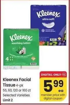 Albertsons Kleenex Facial Tissue - 4 - pk 55, 60, 120 or 160 ct Selected Varieties offer