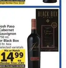 Albertsons Josh Paso Cabernet Sauvignon 750 ml. or Black Box 3 ltr. box - Selected varietals Mix or Match offer