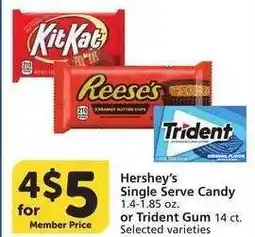 Albertsons Hershey's Single Serve Candy 1.4-1.85 oz. or Trident Gum 14 ct. - Selected varieties offer