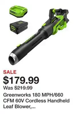 Tractor Supply Company Greenworks 180 MPH/660 CFM 60V Cordless Handheld Leaf Blower, Battery and Charger Included offer