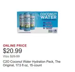 Costco C2O Coconut Water Hydration Pack, The Original, 17.5 fl oz, 15-count offer