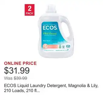 Costco ECOS Liquid Laundry Detergent, Magnolia & Lily, 210 Loads, 210 fl oz, 2-count offer