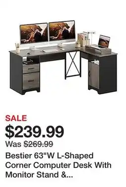 Office Depot Bestier 63W L-Shaped Corner Computer Desk With Monitor Stand & Open Storage, Gray offer