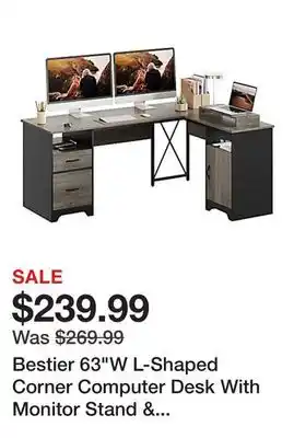 Office Depot Bestier 63W L-Shaped Corner Computer Desk With Monitor Stand & Open Storage, Gray offer