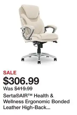 Office Depot Serta AIR Health & Wellness Ergonomic Bonded Leather High-Back Executive Office Chair, Cream offer