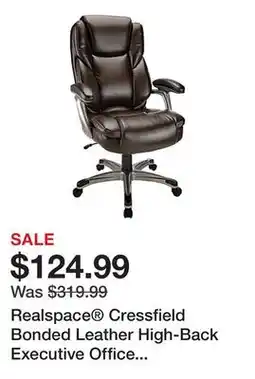 Office Depot Realspace Cressfield Bonded Leather High-Back Executive Office Chair, Brown/Silver, BIFMA Compliant offer