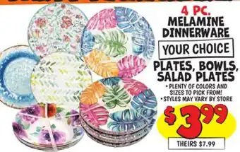 Ollie's 4 PC. MELAMINE DINNERWARE PLATES, BOWLS, SALAD PLATES offer